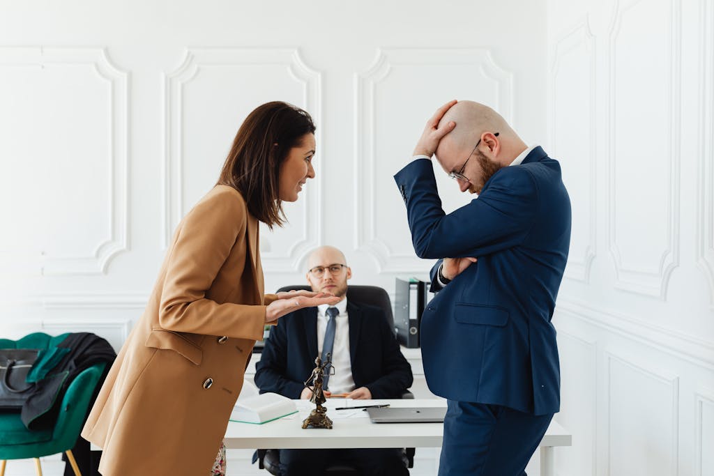 A couple having a heated argument in a law office with their partition action attorney observing.