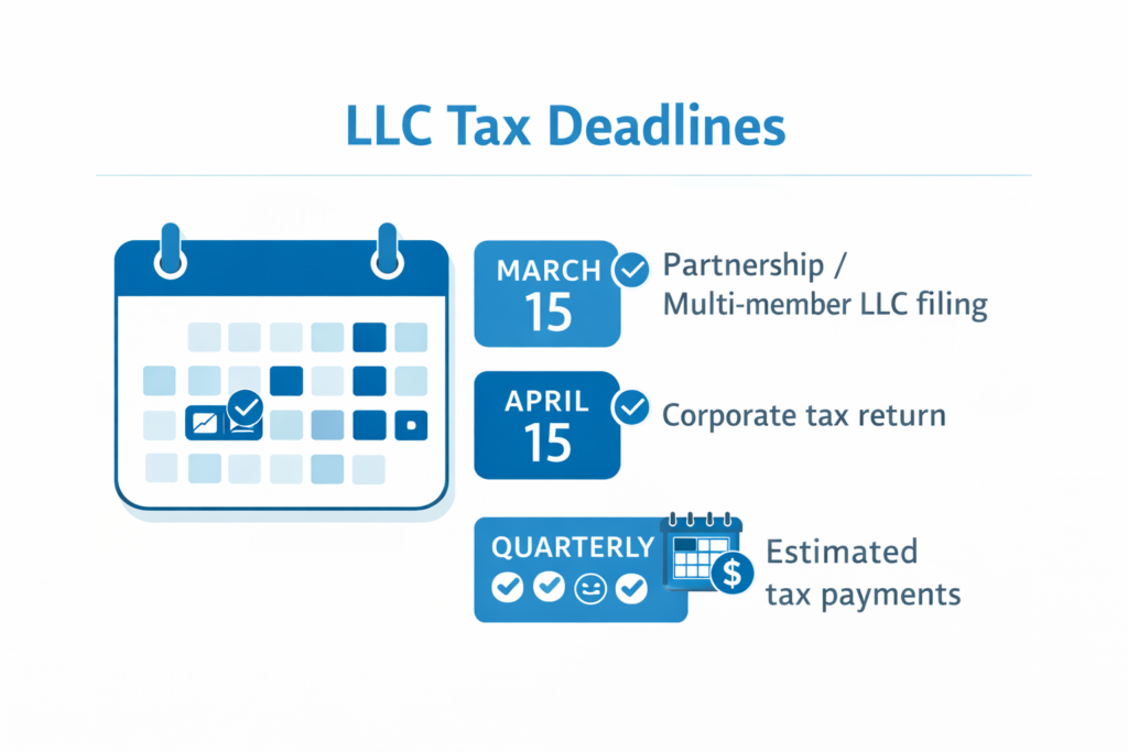 LLC tax deadline calendar including March 15 partnership filing and April 15 corporate filing.